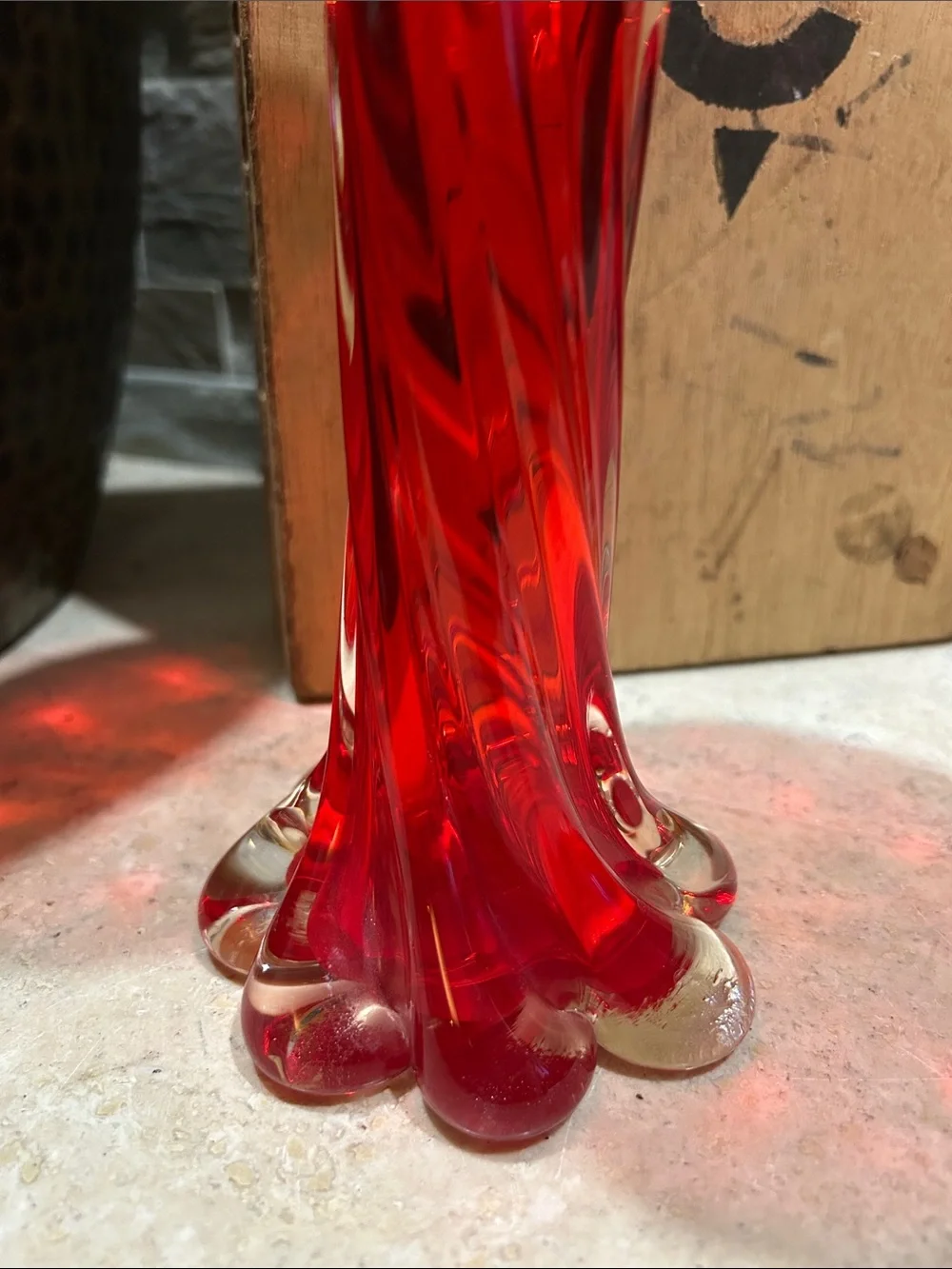 Vintage Red Handblown Fluted Glass Bud Vase - Unbranded